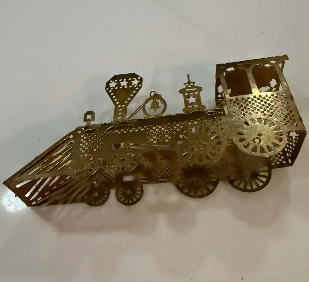 Vintage 1983 Gold-Tone Brass Filigree Train Locomotive Christmas Ornament
